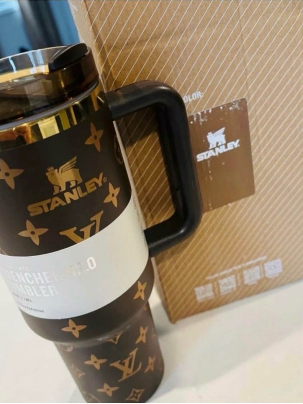Brown Gold Stanley Logo Tumbler Travel Mug with Handle & straw BRAND NEW in BOX